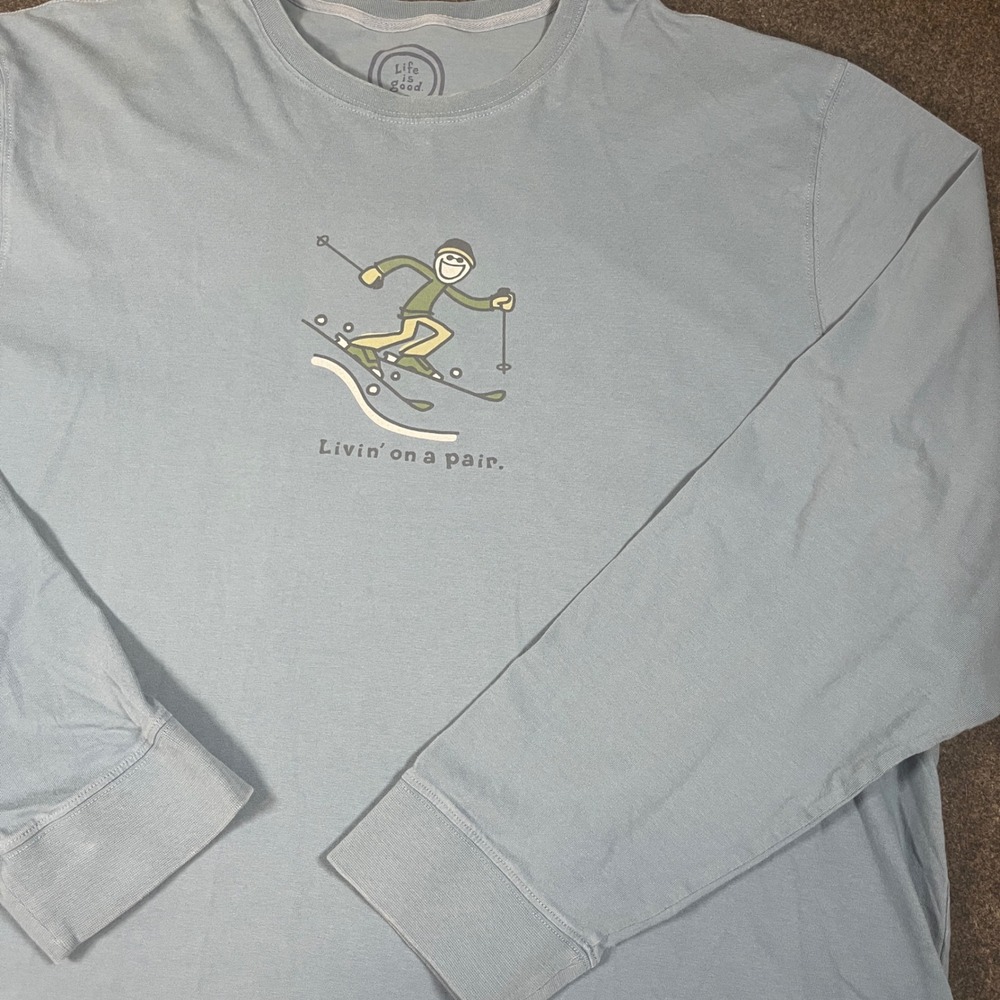 Life is Good Mens XXL Blue Long Sleeve Skiing Graphic T-Shirt Livin on a Pair